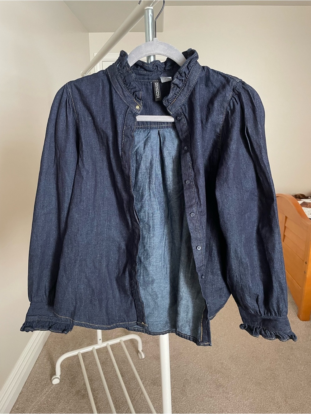 H&M Dark Blue Denim Ruffle Collar Button-Up Top